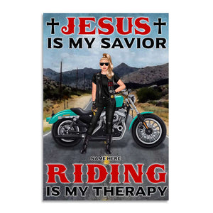 Personalized Female Biker Poster - Jesus is my savior Riding is my therapy - Highway Background - Poster & Canvas - GoDuckee