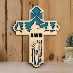 Kayak Layered Cross With American Flag - Personalized Wood Art - Gifts for Kayakers - Wood Sign - GoDuckee