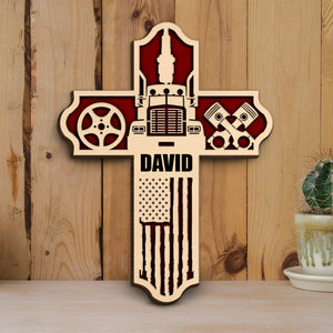 Trucker Truck Inside A Cross - Personalized Wood Art - Gift for Trucker - Wood Sign - GoDuckee
