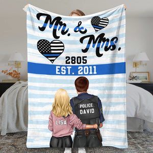 Personalized Police Couple Blanket - Custom Name, Number - Thin Blue Line Background - Mr & Mrs - Blanket - GoDuckee