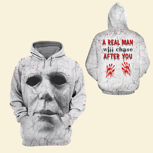 Horror A Real Man Will Chase After You, Halloween All Over Print Shirt With Blood Spatter Pattern - AOP Products - GoDuckee