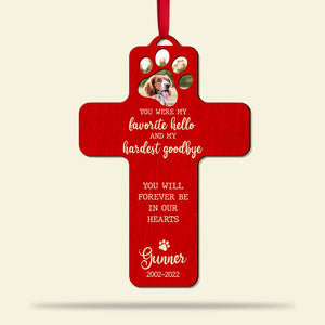 My Favorite Hello & Hardest Goodbye, Personalized Memorial Pet Wood Ornament - Ornament - GoDuckee