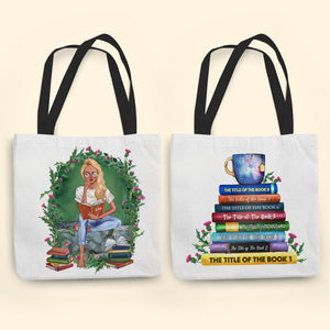 Custom Book Titles - Personalized Tote Bag - Girl Reading Book - Tote Bag - GoDuckee