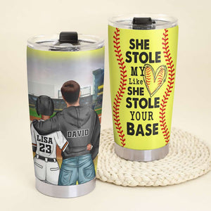 Personalized Softball Couple Tumbler Cup - She Stole My Heart Like She Stole Your Base - Tumbler Cup - GoDuckee