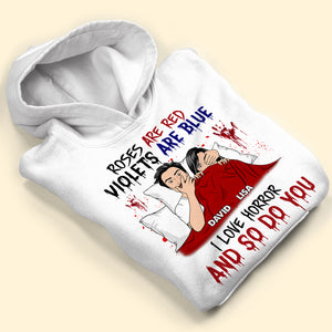 Couple Roses Are Red Violets Are Blue I Love Horror And So Do You Personalized Shirts - Shirts - GoDuckee