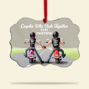 Biker Couple Ride Together Stay Together, Personalized Medallion Acrylic Ornament - Ornament - GoDuckee