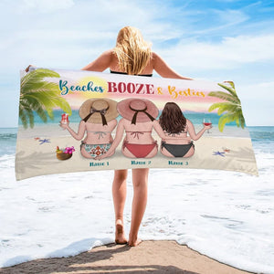 Beaches Booze And Besties - Personalized Beach Towel - Gifts For Best Friends, Salty Sister, Besties - Beach Towel - GoDuckee
