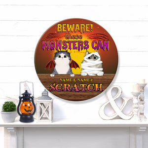 Personalized Gifts Ideas For Cat Lover Beware These Monsters Can Scratch - Custom Round Wooden Sign - Wood Sign - GoDuckee