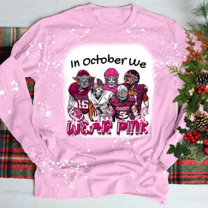 Breast Cancer Horror Football Team, In October We Wear Pink Bleached Long Sleeve T-shirt - Shirts - GoDuckee
