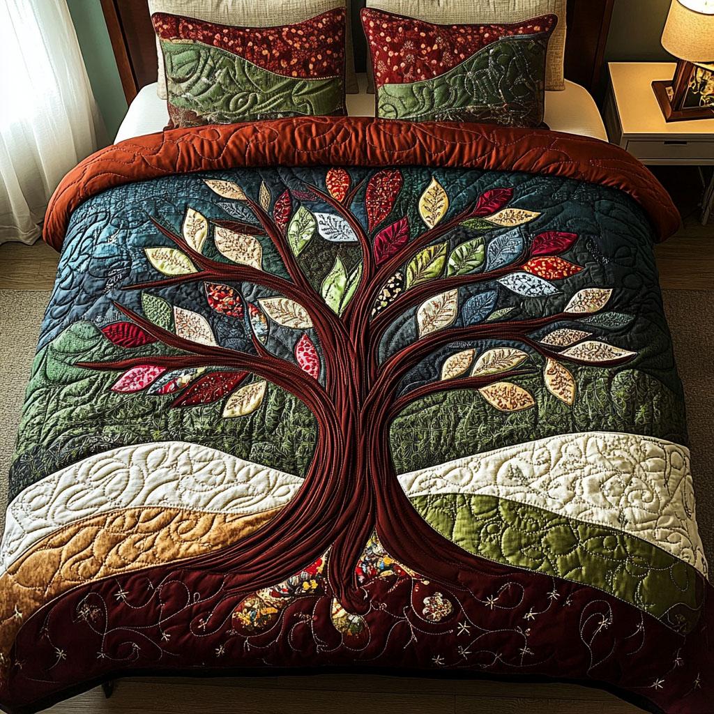 Graceful Tree Of Life Quilt Bed Set - Blanket - GoDuckee