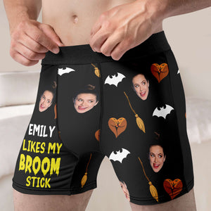 Personalized Gifts For Couple Boxer Briefs Halloween Pumpkin Broom Stick Custom Face Photo 02XQMH010824 - Boxer Briefs - GoDuckee