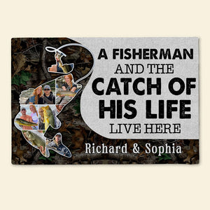 A Fisherman And The Catch Of His Life Live Here - Custom Photo Door Mat-Gift For Fishing Lovers- Fishing Couple - Doormat - GoDuckee