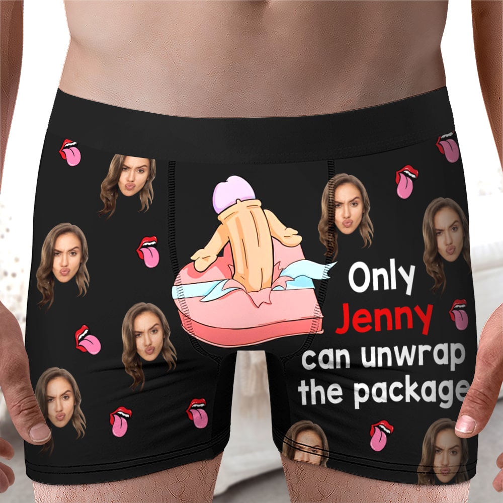 Only You Can Unwrap The Package, Custom Photo Men Boxer Briefs, Funny Couple Gift For Valentine's Day - Boxer Briefs - GoDuckee