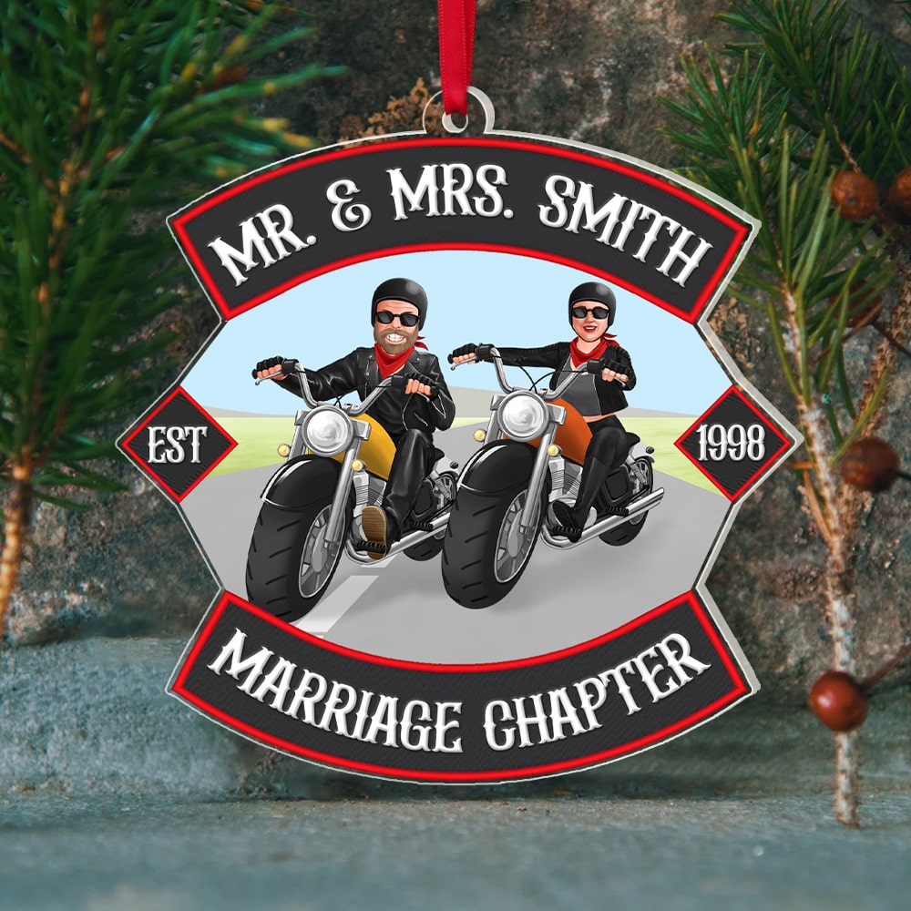 Mr. & Mrs. Marriage Chapter, Personalized Acrylic Ornament, Gift For Biker Couple - Ornament - GoDuckee