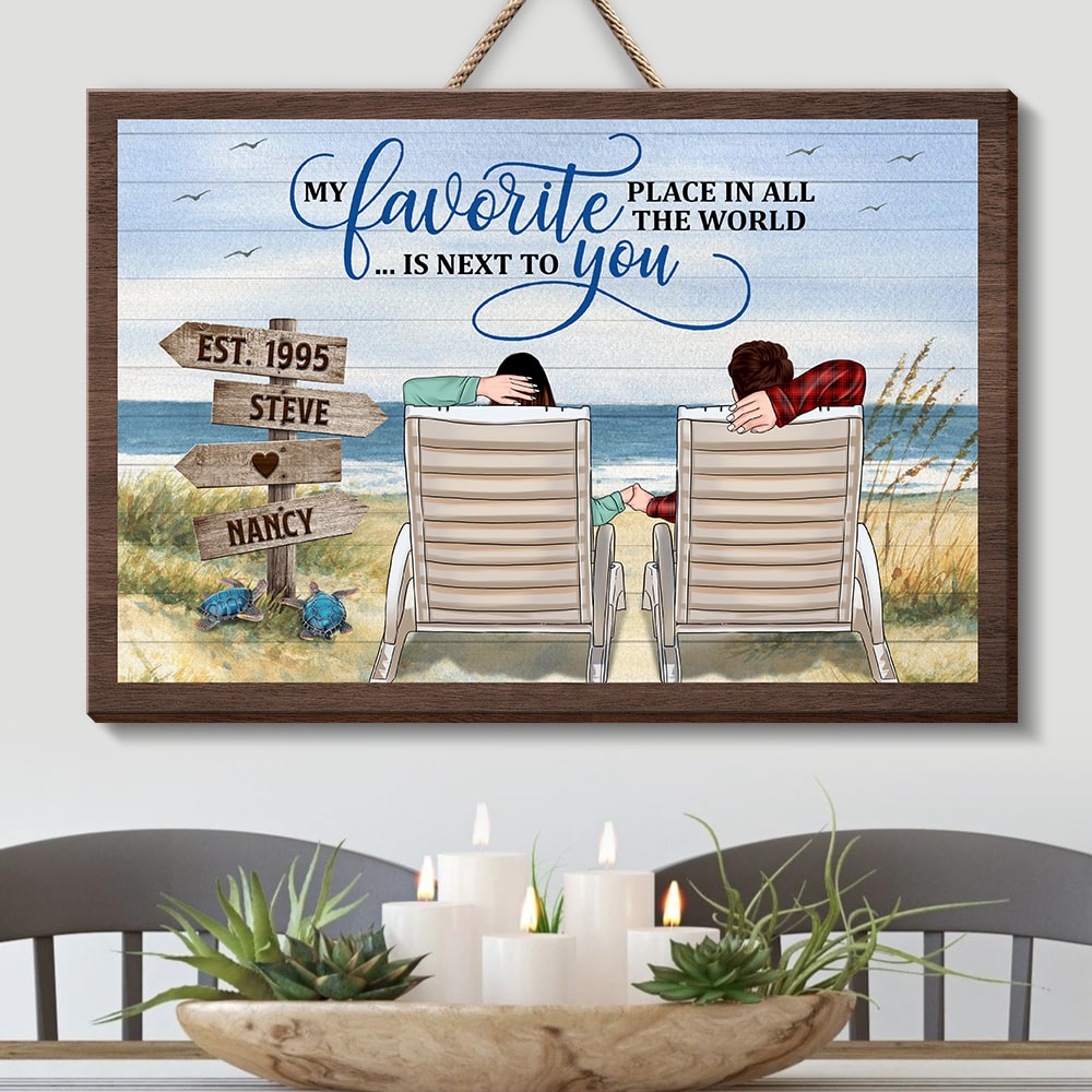 My Favorite Place In All The World Is Next To You-Personalized Wood Sign- Gift For Couple- Beach Couple Wood Sign - Wood Sign - GoDuckee