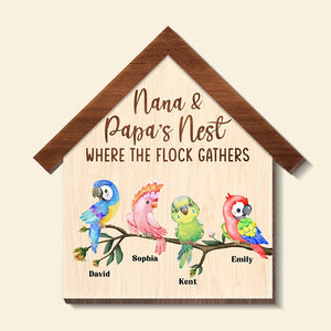Nana & Papa's Net Where The Flock Gathers-Personalized Wood Art-Custom Shaped Wooden Sign- Gift For Grandparents- Grandparents Bird Wood Sign - Wood Sign - GoDuckee