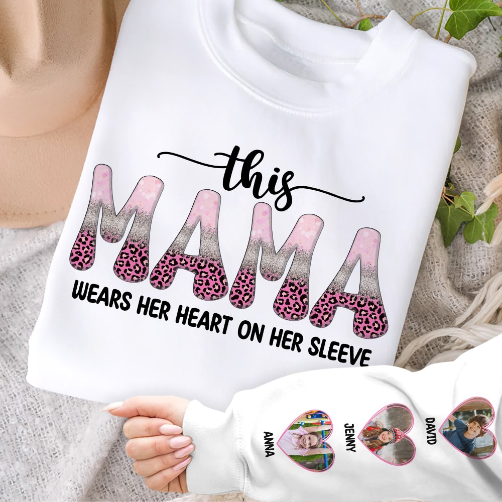 This Mama Wears Her Heart On Her Sleeve, Custom Photo Shirt, Gift For Mom, Mother's Day Gifts - AOP Products - GoDuckee