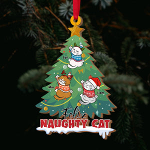 Feliz Naughty Cat, Personalized Wood Ornament,Christmas Gift For Cat Lovers - Ornament - GoDuckee
