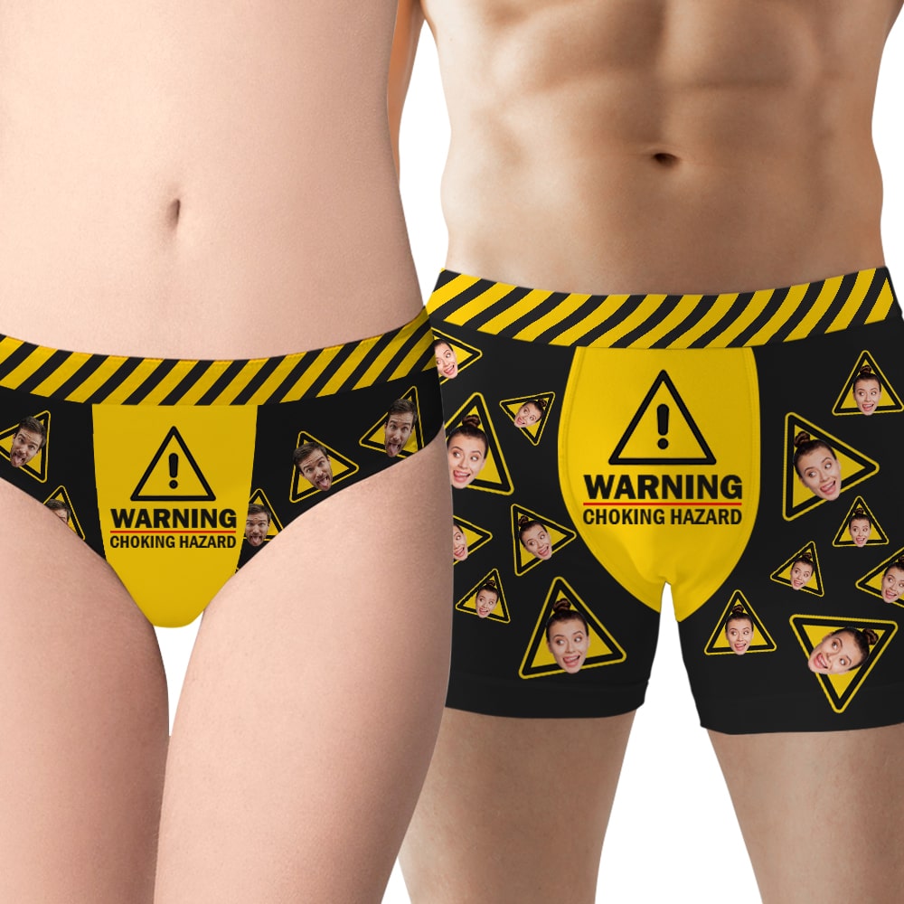 Warning, Chocking Hazard, Funny Custom Face Men & Women Boxer Briefs, Gift For Couple - Boxer Briefs - GoDuckee