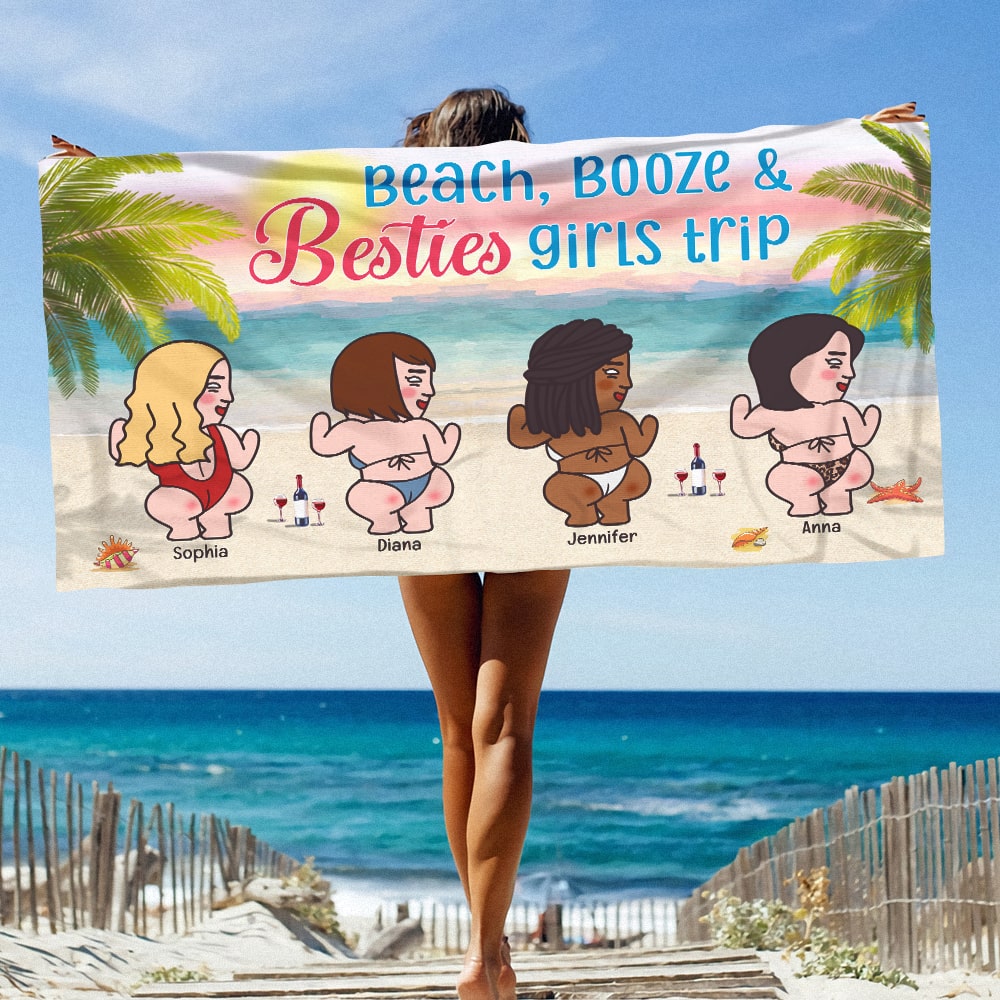 Beach, Booze And Bestie Personalized Girls Trip Beach Towel Gift For Friend - Beach Towel - GoDuckee
