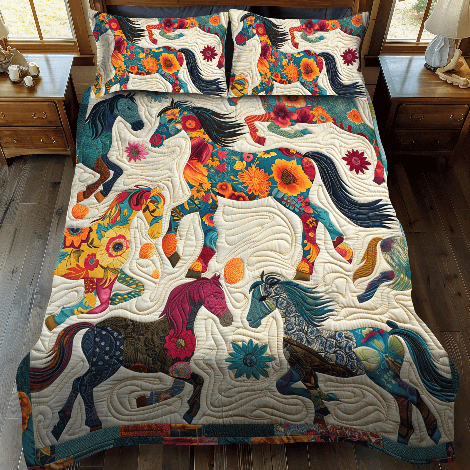 Gift For Horse Lovers Quilt Bedding Set, Colorful Floral Horse - Blanket - GoDuckee