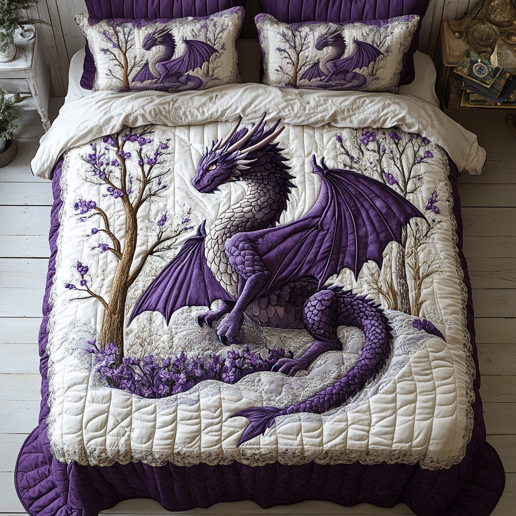 Gifts For Dragon Lovers Quilt Bed Set Magical Purple Dragon - Blanket - GoDuckee