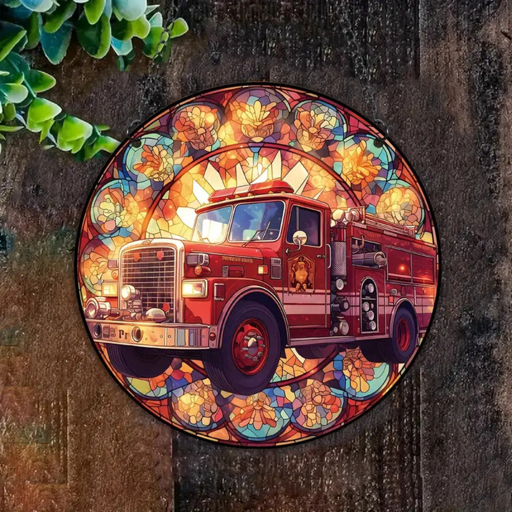 Vintage Fire Truck Acrylic Hanging Stained Glass Ornament 15ACXX270824 - Ornament - GoDuckee