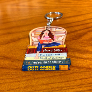 Reading Girl On Bookshelf, Personalized Keychain With Custom Book Titles - Keychains - GoDuckee