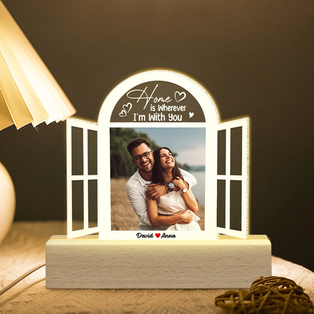 Home Is Wherever I'm With You, Custom Couple Photo 3D Led Light, Gift For Couple, Valentine's Gifts - Led Night Light - GoDuckee