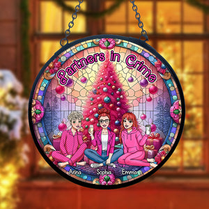 Personalized Gifts For Friends Round Stain Glass Suncatcher Christmas Pink 02XQDC040924HA - Ornament - GoDuckee