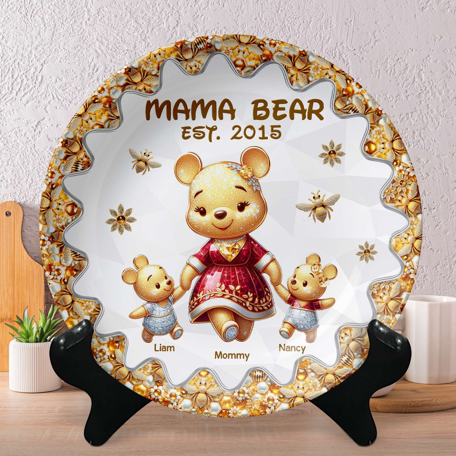 Personalized Gift For Mom Ceramic Round Plate Mother's Day Bear Mom And Kids 02TGPU210325 - Ceramic Round Plate - GoDuckee
