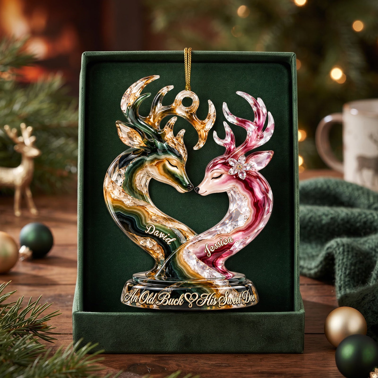 Old Buck And his Sweet Doe Marble Effect Ornament, Personalized Gifts For Couple 06QHLU141026 - Ornament - GoDuckee