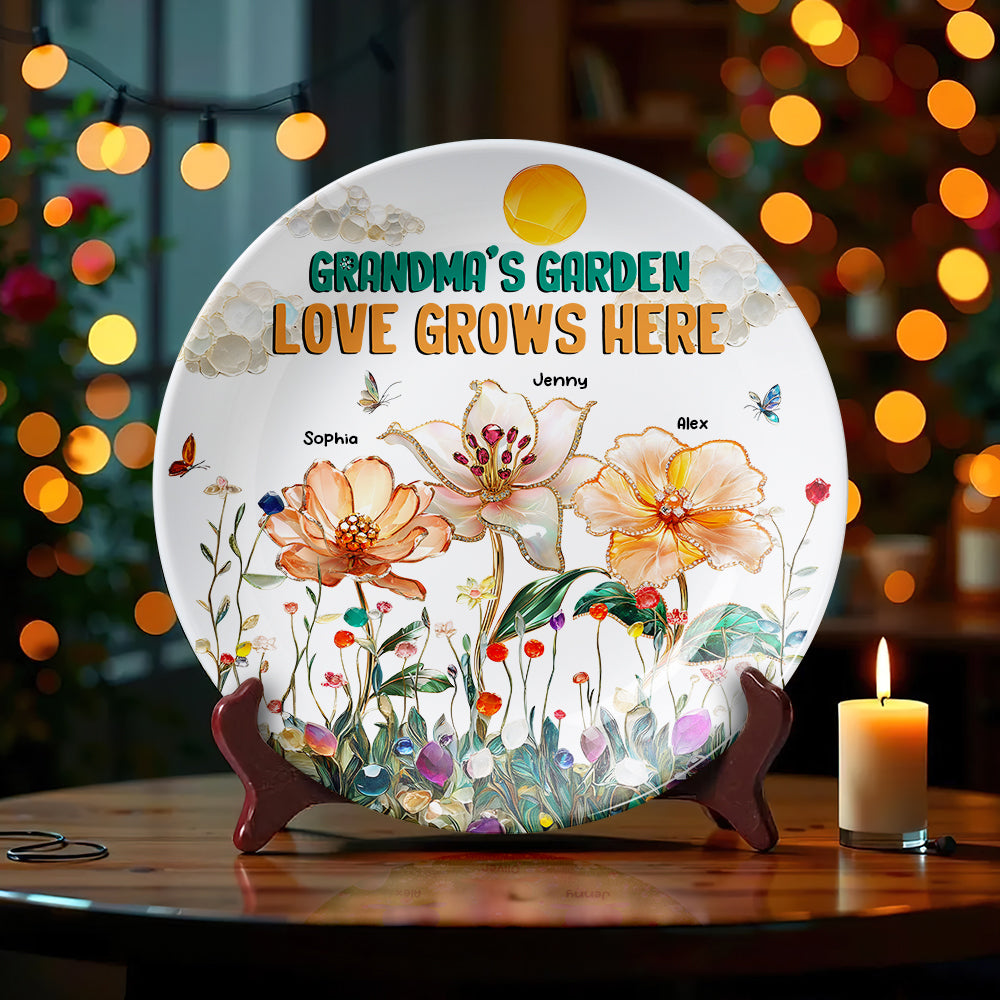 Personalized Gifts For Grandma Round Plate, Grandma's Garden Love Grows Here 01TGMH200325 - Ceramic Round Plate - GoDuckee