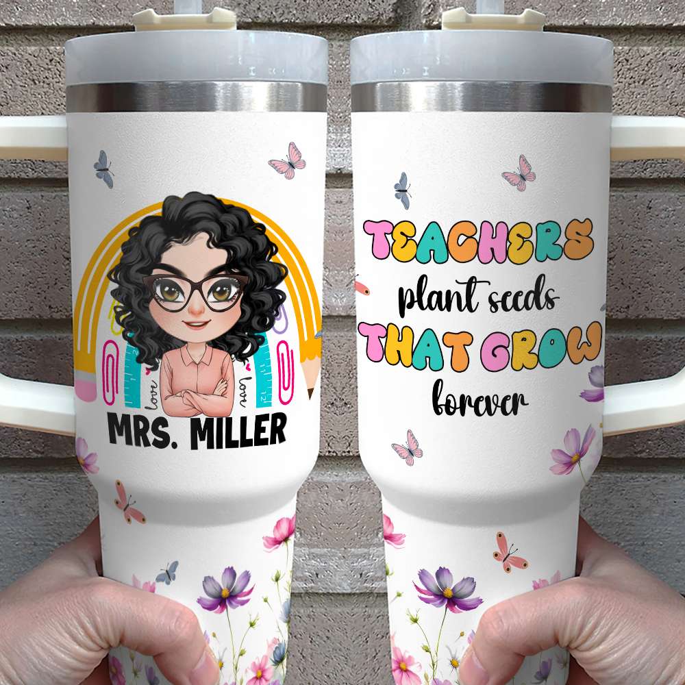 Personalized Gifts For Teacher Tumbler, Teacher With Rainbow And Flowers 04dgmh110724hh - Tumbler Cup - GoDuckee