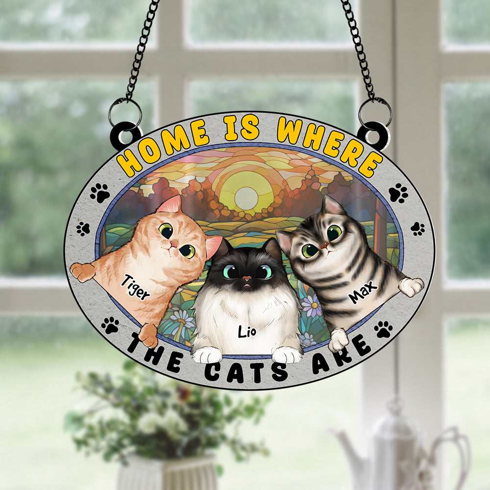 Personalized Gifts For Cat Lovers Suncatcher Ornament Home Is Where The Cats Are - Ornament - GoDuckee