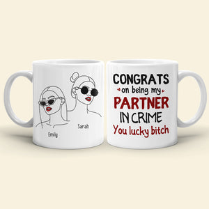 Congrats On Being My Partner In Crime, Gift For Bestie, Peesonalized Mug, Glasses Girl Coffee Mug, Bestie Gift - Coffee Mug - GoDuckee