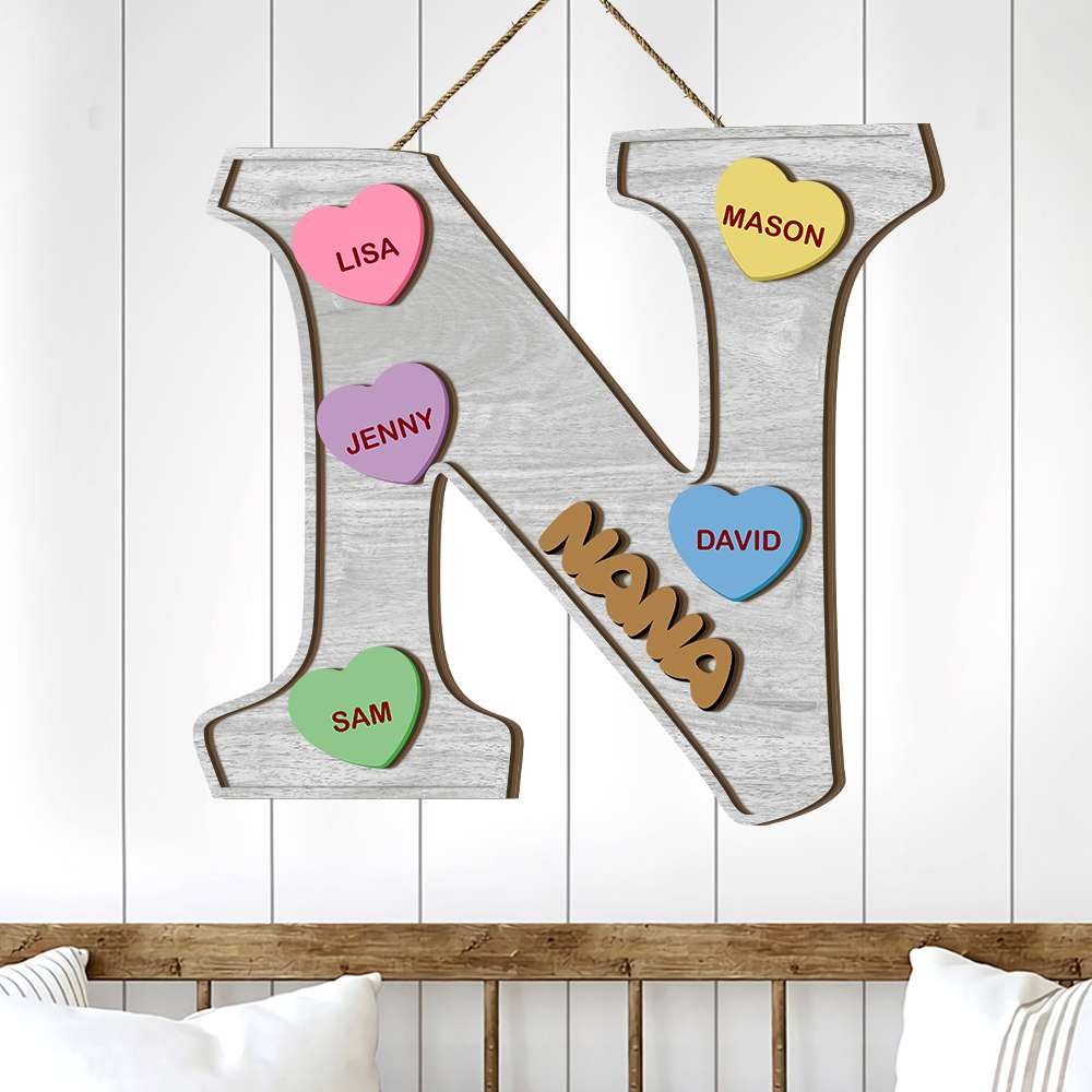 Personalized Gifts For Mom, Grandma Wood Sign Custom Initial Letter With Candy Heart - Wood Signs - GoDuckee