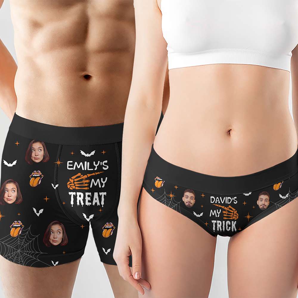 Personalized Gifts For Couple Boxer Briefs Halloween Trick Treat Custom Face Photo 05XQQN010824 - Boxer Briefs - GoDuckee