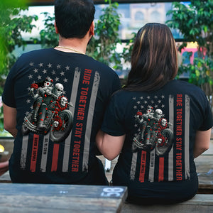 Ride Together Stay Together, Personalized Shirt, Skull Couple Rose Bike Shirt, Gift For Loved One - Shirts - GoDuckee