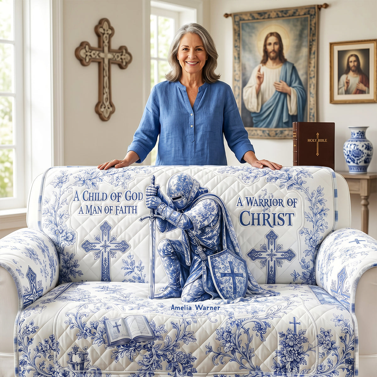 Sacred Templar Knight Toile De Jouy Quilted Sofa Cover, Personalized Gifts For Christians 02qhdt290626 - Sofa Cover - GoDuckee