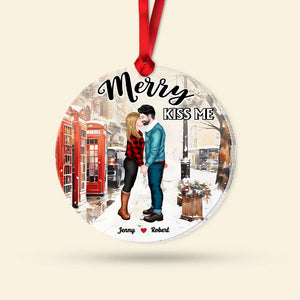 Merry Kiss Me, Couple Gift, Personalized Acrylic Ornament, Kissing Couple Ornament, Christmas Gift - Ornament - GoDuckee