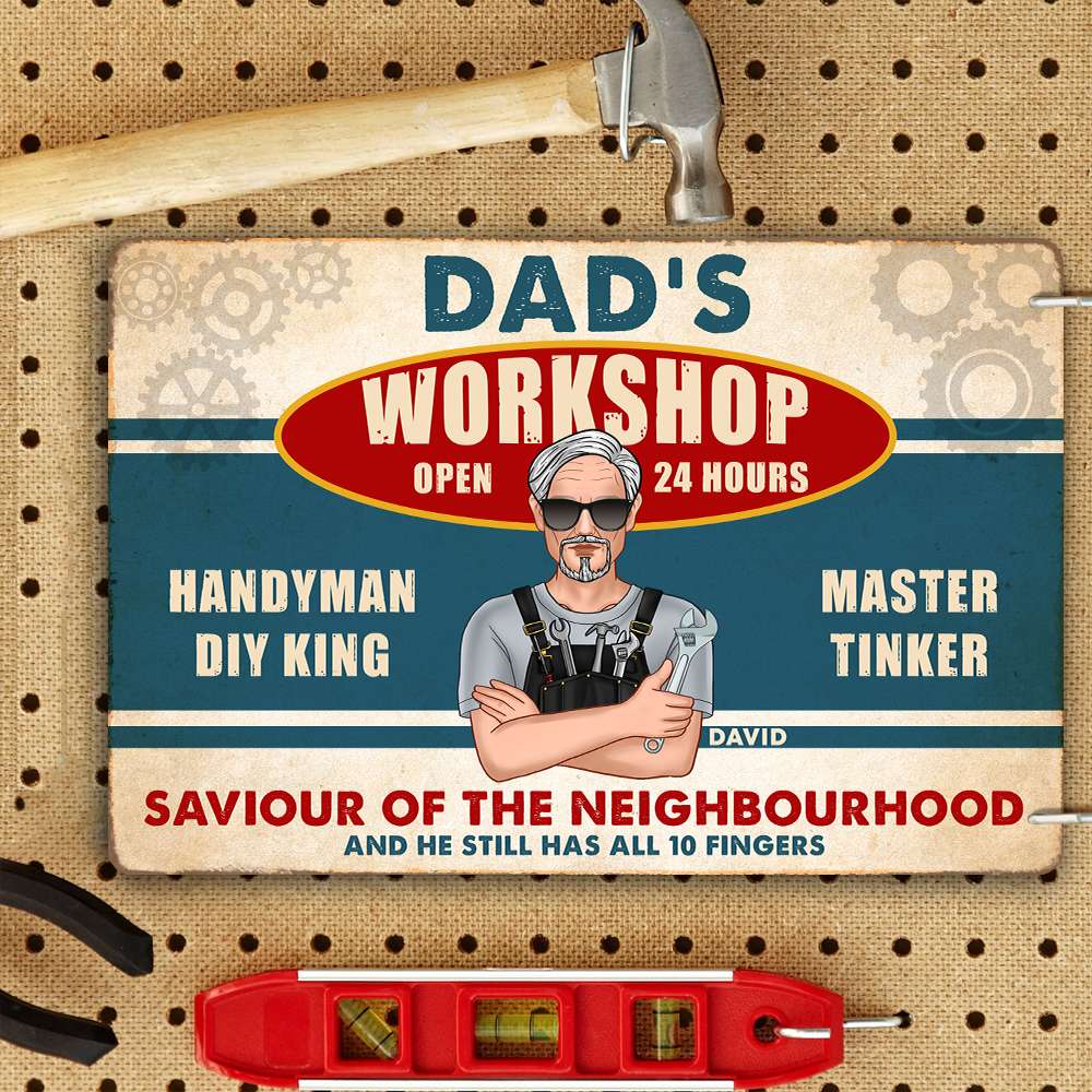 Dad’s Workshop Open 24 Hours, Personalized Metal Wall Art, Fixing With Dad Metal Wall Art, Father's Day, Birthday Gift For Dad - Metal Wall Art - GoDuckee