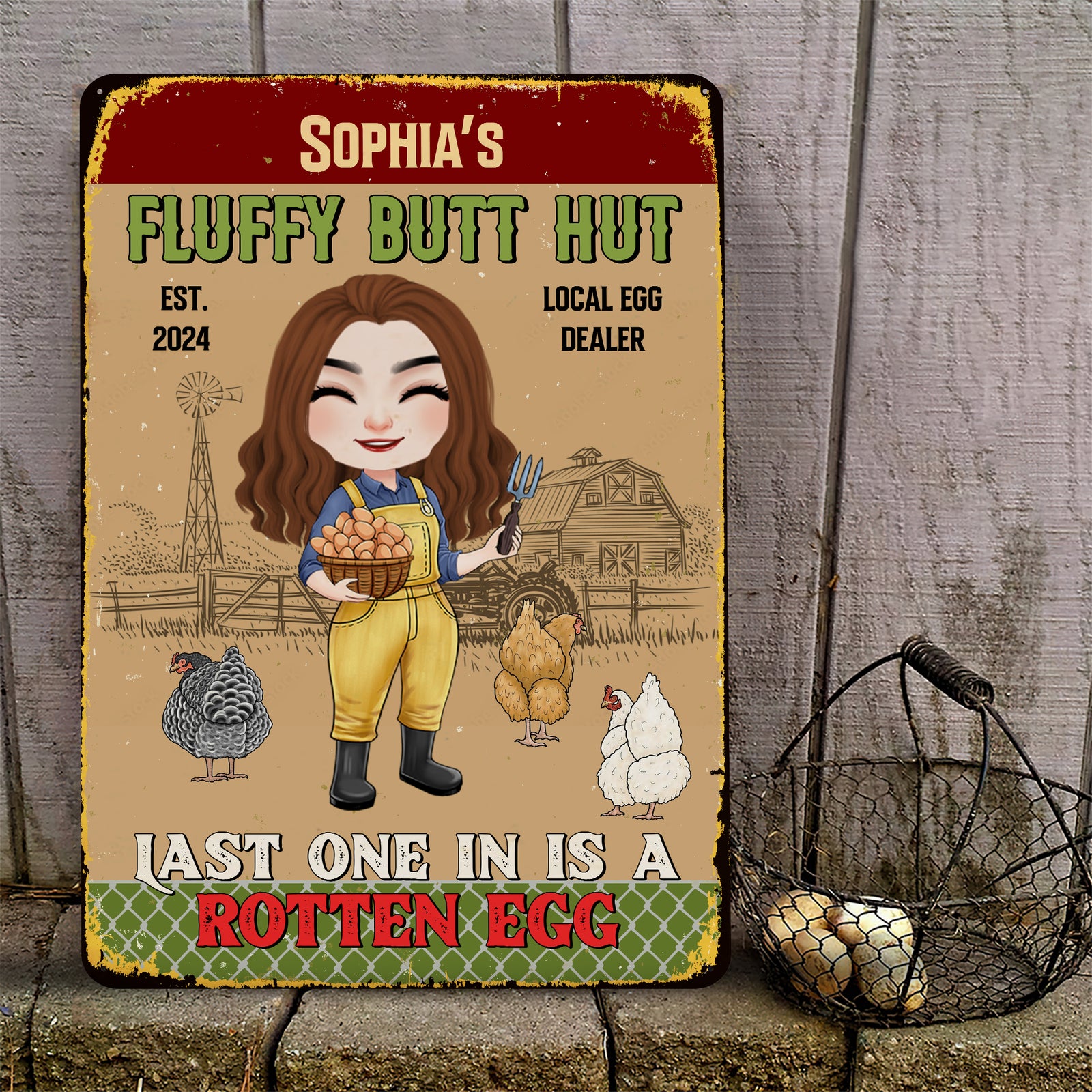 Personalized Gifts For Farmers Metal Sign 03natn140325hh Fluffy Butt Hut - Last One In Is A Rotten Egg - Metal Signs - GoDuckee
