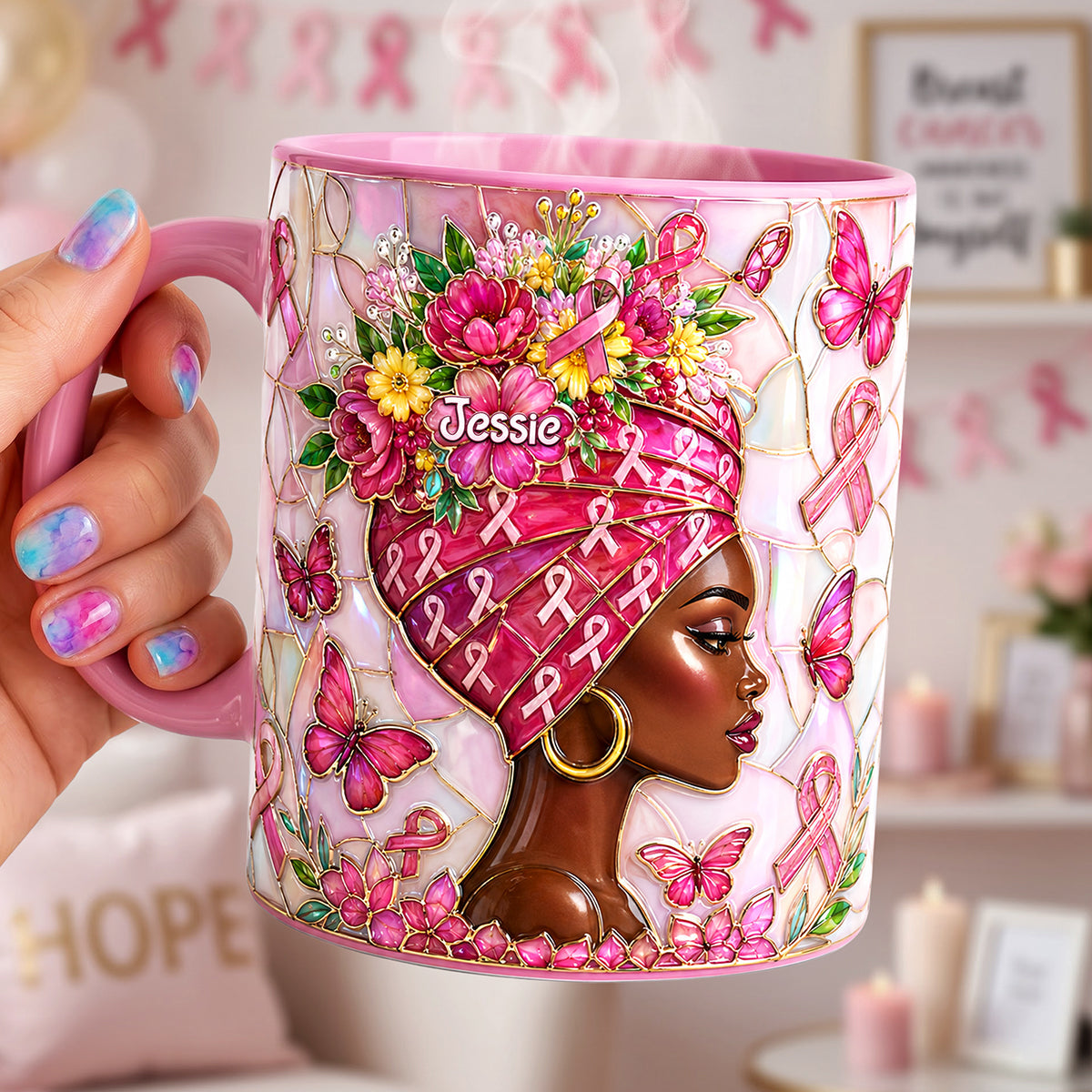 Cancer Fighter Girly Accent Mug - Personalized Gifts For Breast Cancer Warriors 02QHTA030826 - Coffee Mug - GoDuckee