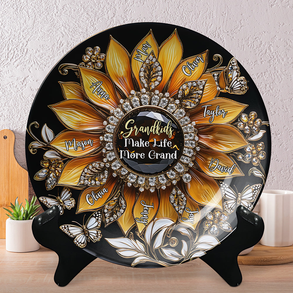 Personalized Gifts For Grandma Sunflower Round Plate, Grandkids Make Life More Grand 01TGMH140325 - Ceramic Round Plate - GoDuckee
