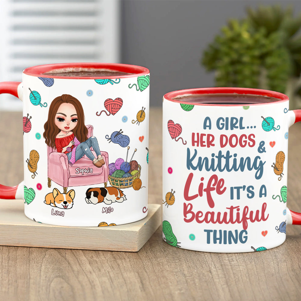 Personalized Gifts For Knitting Lover Accent Mug Women Sitting Knitting With Dog 04XQPU010824HH - Coffee Mug - GoDuckee