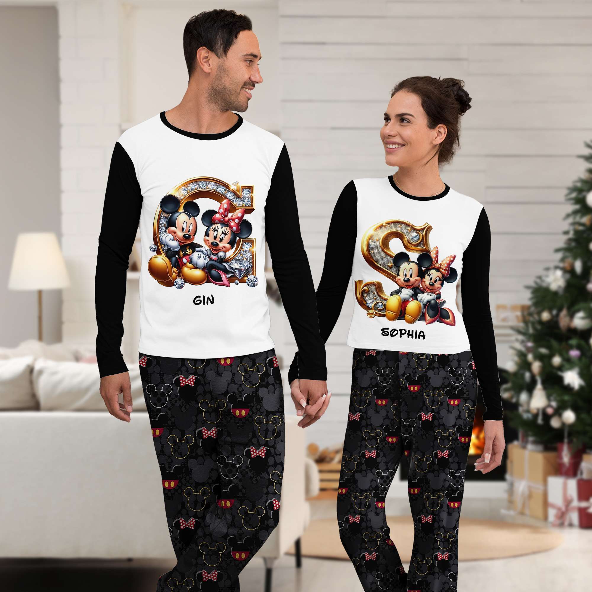 Personalized Gifts For Couple Love Cartoon Pajamas Christmas Alphabet 03XQLU111124 - Pajama Set - GoDuckee