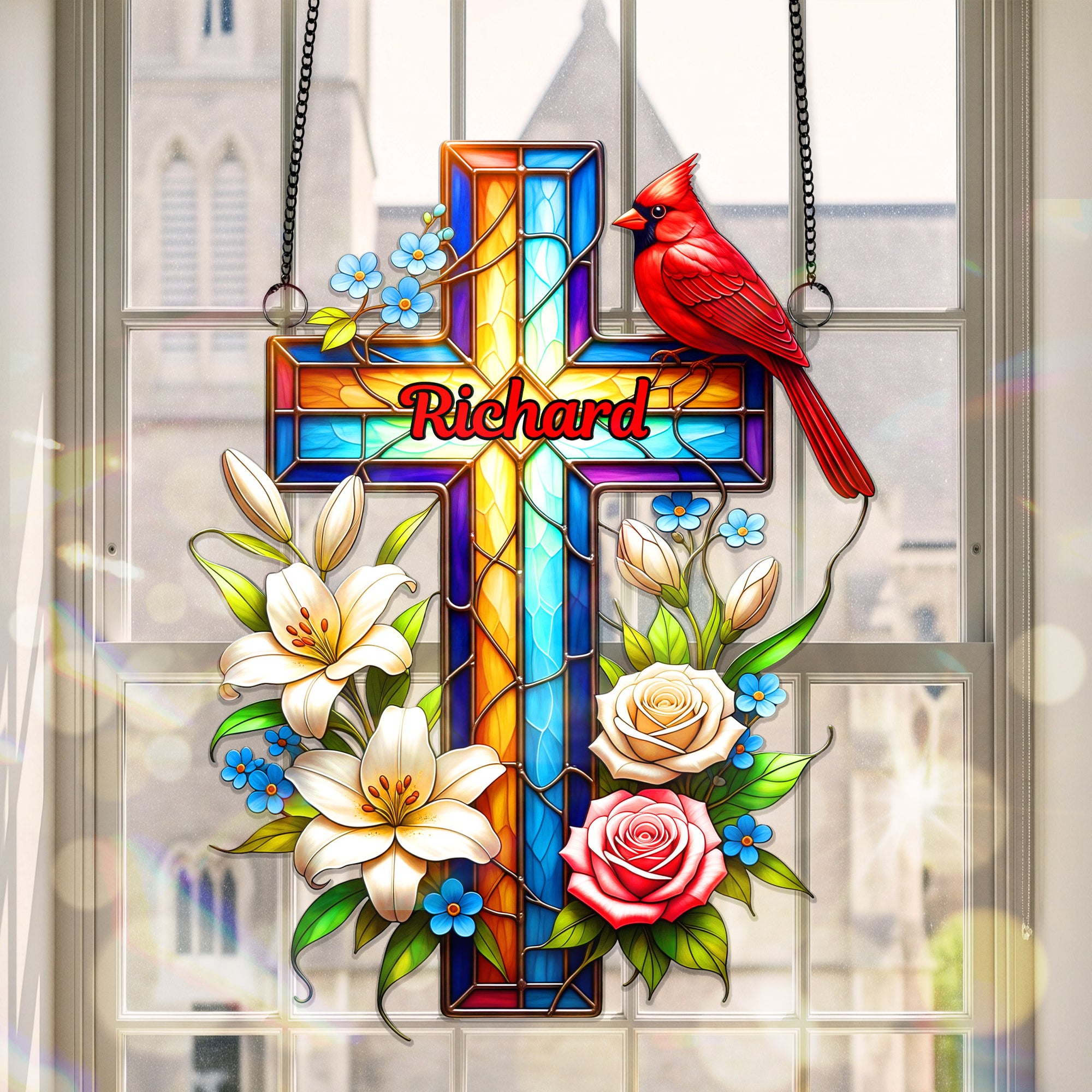 Cardinal Cross Memorial Suncatcher Ornament Personalized Gifts For Heaven 04OHMG030925 - Ornament - GoDuckee