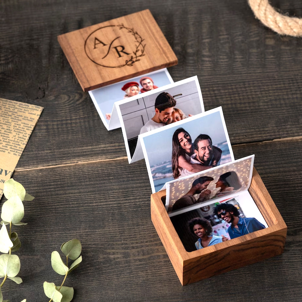 Happy Couple Moments, Personalized Wooden Photo Box, Valentines Gifts - Wooden Photo Box - GoDuckee