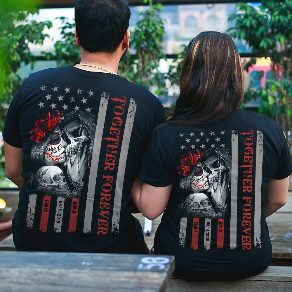 Together Forever, Personalized Shirt, Star and Stripes Skull Couple Shirt, Gift For Loved One - Shirts - GoDuckee